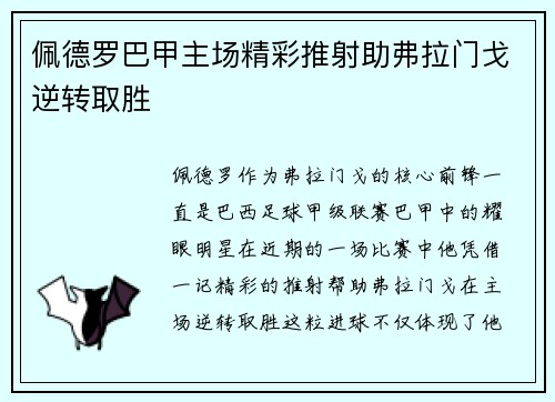 佩德罗巴甲主场精彩推射助弗拉门戈逆转取胜